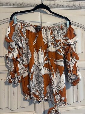 Coco Bianco Rust Orange Off-Shoulder Parrot Print Blouse